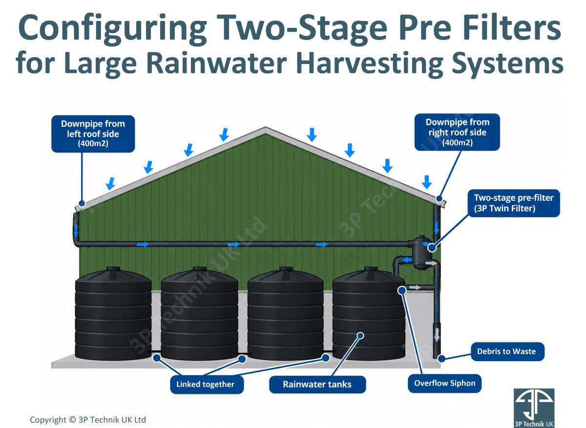 Configuring Two-Stage Pre Filters for Large Rainwater Harvesting Systems using a 3P twin Filter 